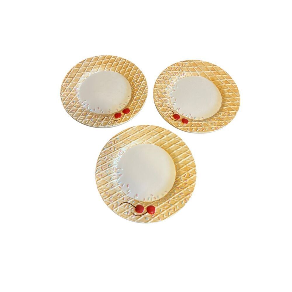 3 Oneida Dessert Plates Ice Cream Cherry Waffle Cone Sprinkles Design 8”
